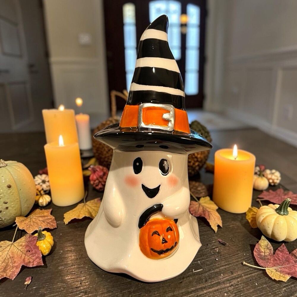 Halloween Happy Ghost Wearing Witch Hat & Jack O Lantern Ceramic  9” New